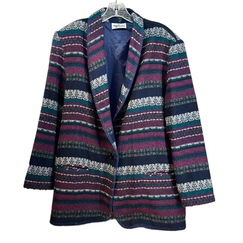 Vintage Womens Katie Brooke‎ Coat Wool Blend Aztec Stripe Southwestern Size 16